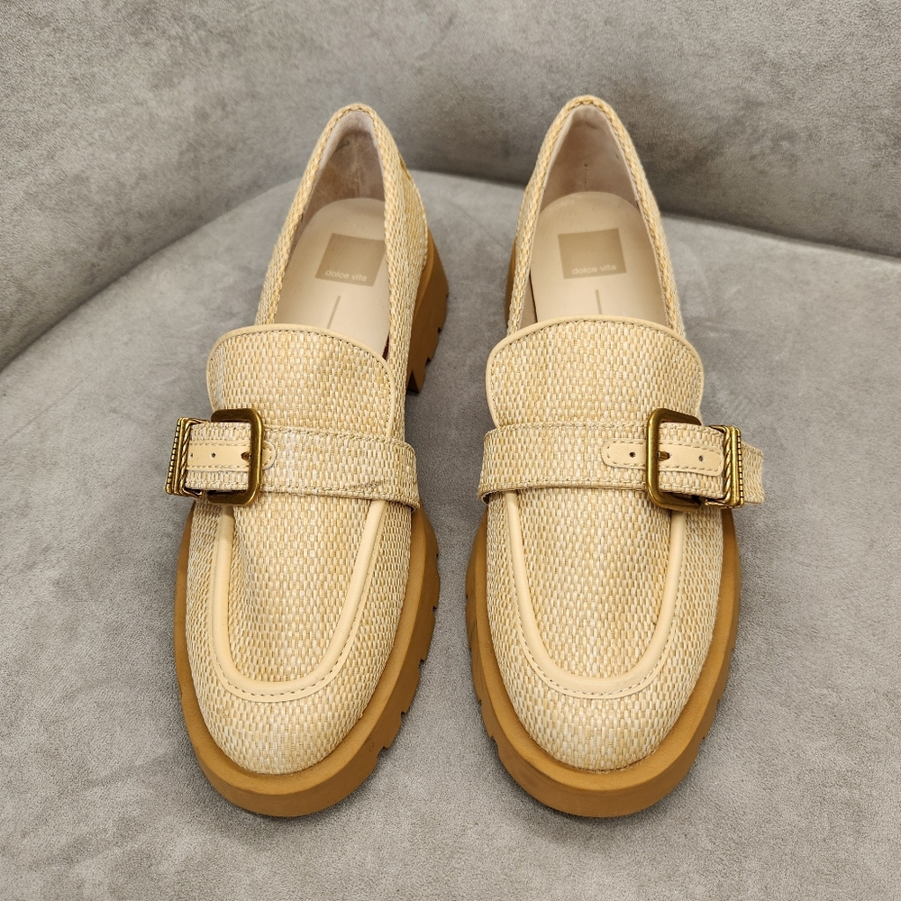 Dolce Vita Loafers 9.5 Cream Woven Raffia Ericka Lug Sole Chunky Classic New$130